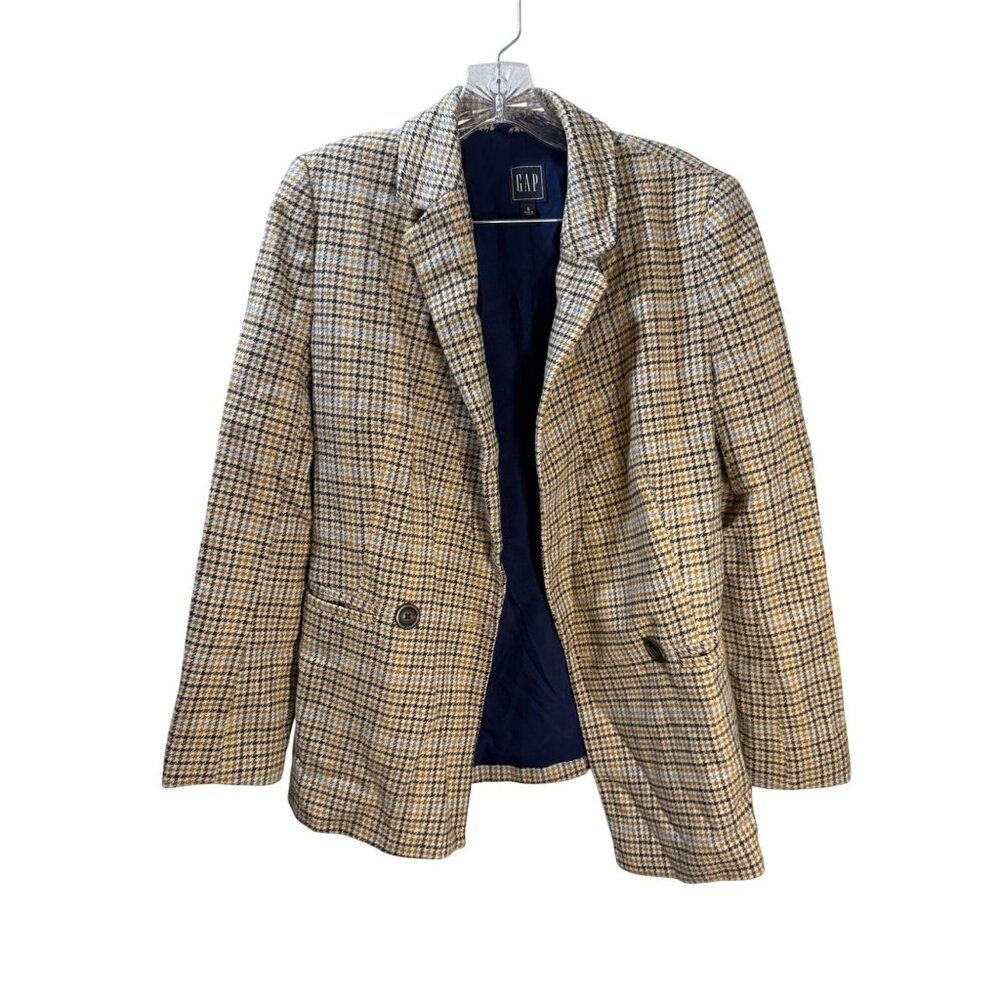 Gap Womens‎ Houndstooth Plaid Blazer Size 2 Button Closure Beige & Black Pattern